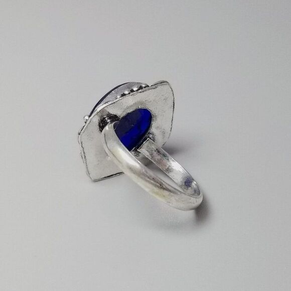 Vintage Evil Eye Blue Glass Oval Cabochon Ring, Bezel Silver Tone Size 8.5 Band - Picture 3 of 9